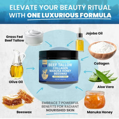 7-in-1 Whipped Beef Tallow Collagen Manuka Honey Beeswax Moisturizer – Natural Face & Body Cream for Dry Skin