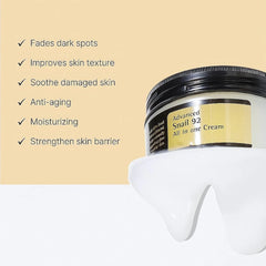 Advanced Snail 92 All In One Cream, Hydrating & Repairing Snail Mucin Moisturizer for Brightening, Anti-Aging Care and Smooth, Healthy Skin, Suitable for All Skin Types
