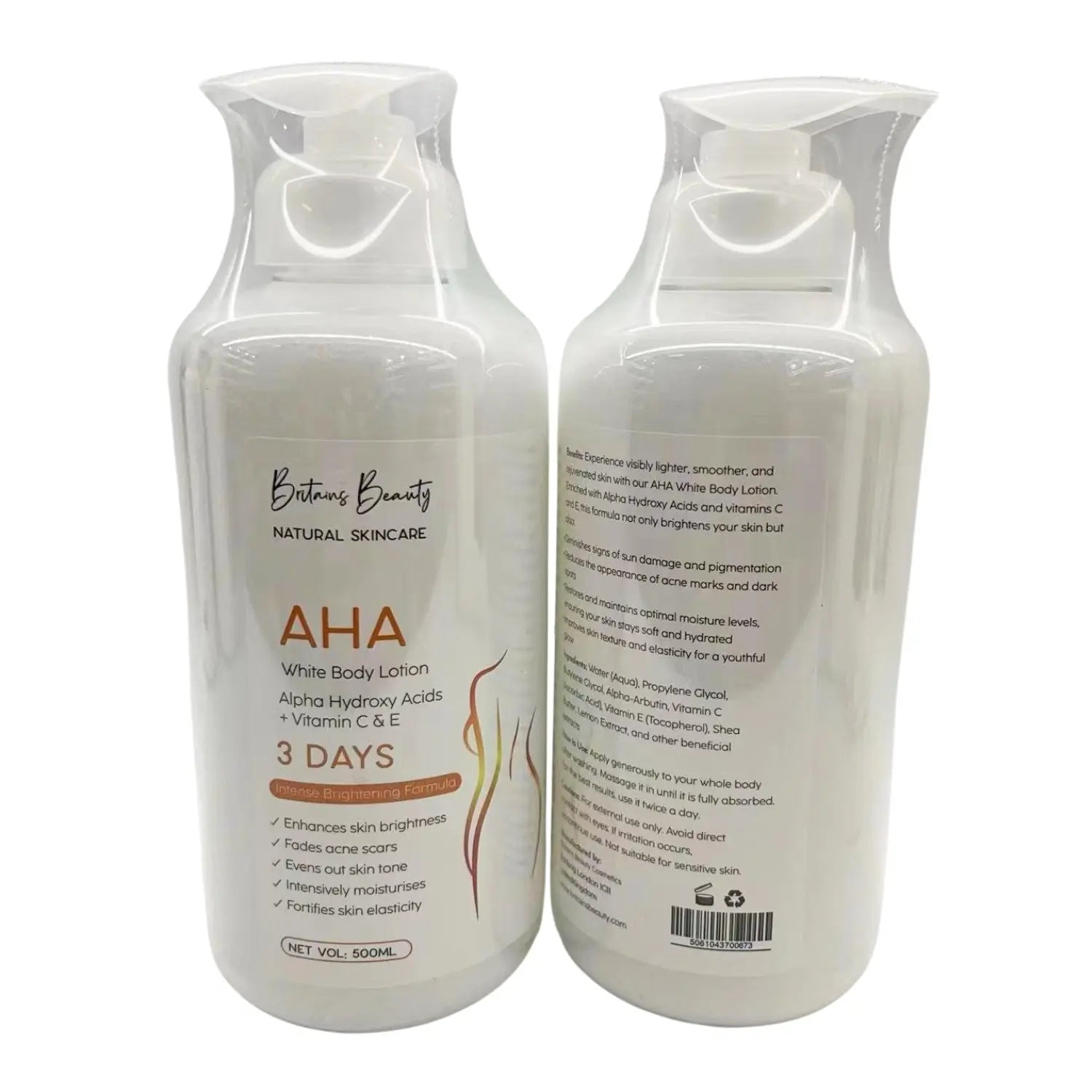 Britains Beauty AHA Body Lotion with Alpha Hydroxy Acids, Vitamin C & E, Intense Brightening Formula for Smooth & Hydrated Skin – 500ml