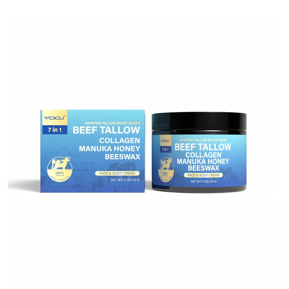 7-in-1 Whipped Beef Tallow Collagen Manuka Honey Beeswax Moisturizer – Natural Face & Body Cream for Dry Skin