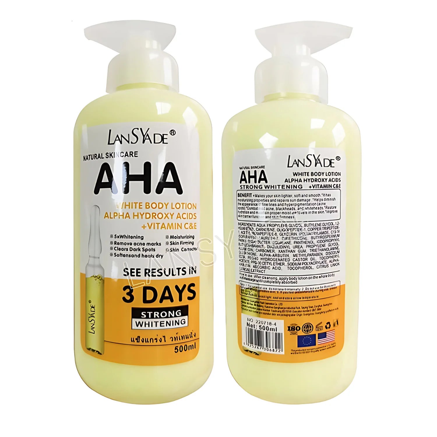 AHA Yellow Body Lotion - Alpha Hydroxy Acids + Vitamin C & E, 500ml - Skin Whitening, Moisturizing, Acne Mark Removal, and Skin Firming
