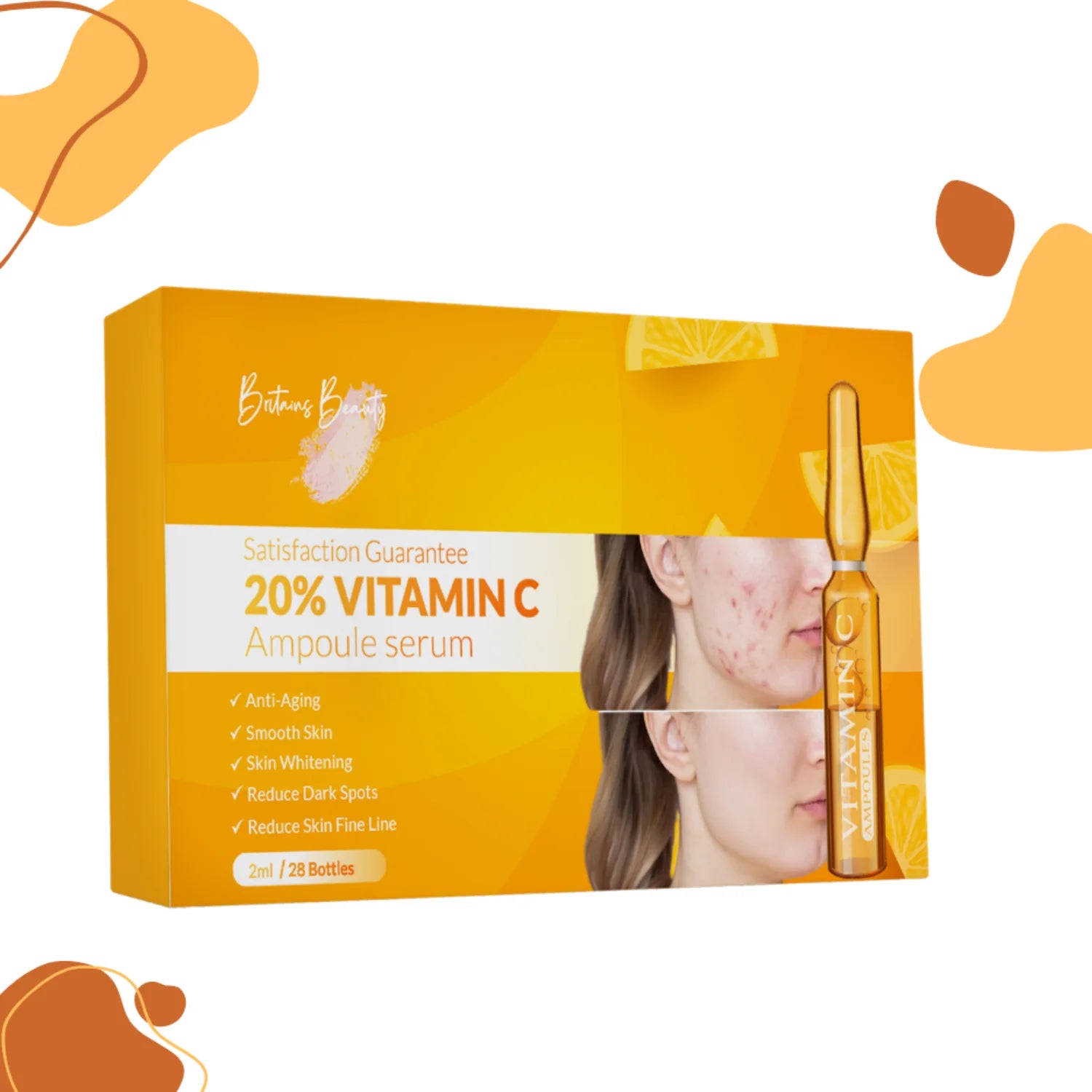 Britains Beauty Vitamin C Ampoule Serum - 20% Potent Vitamin C for Anti-Aging, Skin Whitening, Dark Spot Reduction, Smooth Skin, Fine Line Reduction