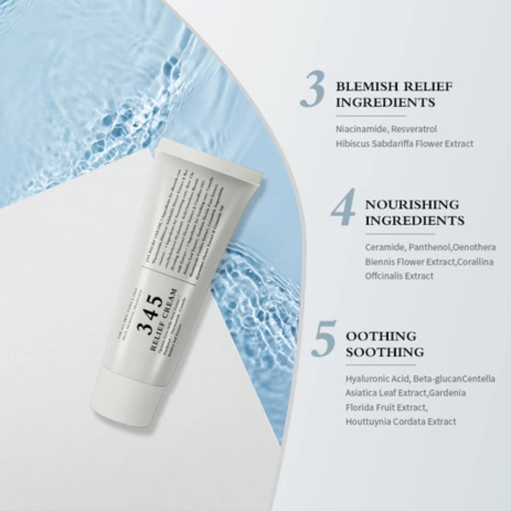 345 Relief Cream for Sensitive Skin – Niacinamide, Panthenol, Ceramides – Anti-Blemish, Anti-Yellowing, Moisturizing & Soothing Skincare for Post-Acne Recovery