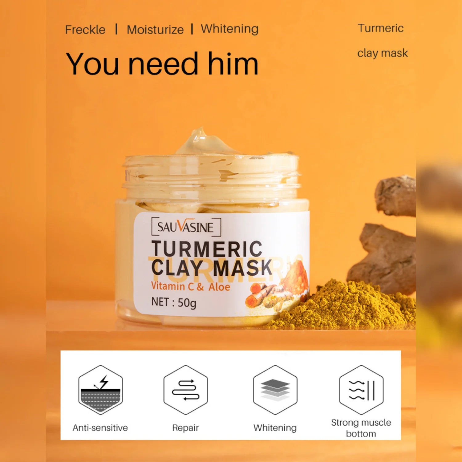 Turmeric Clay Mask with Vitamin C & Aloe - 50g