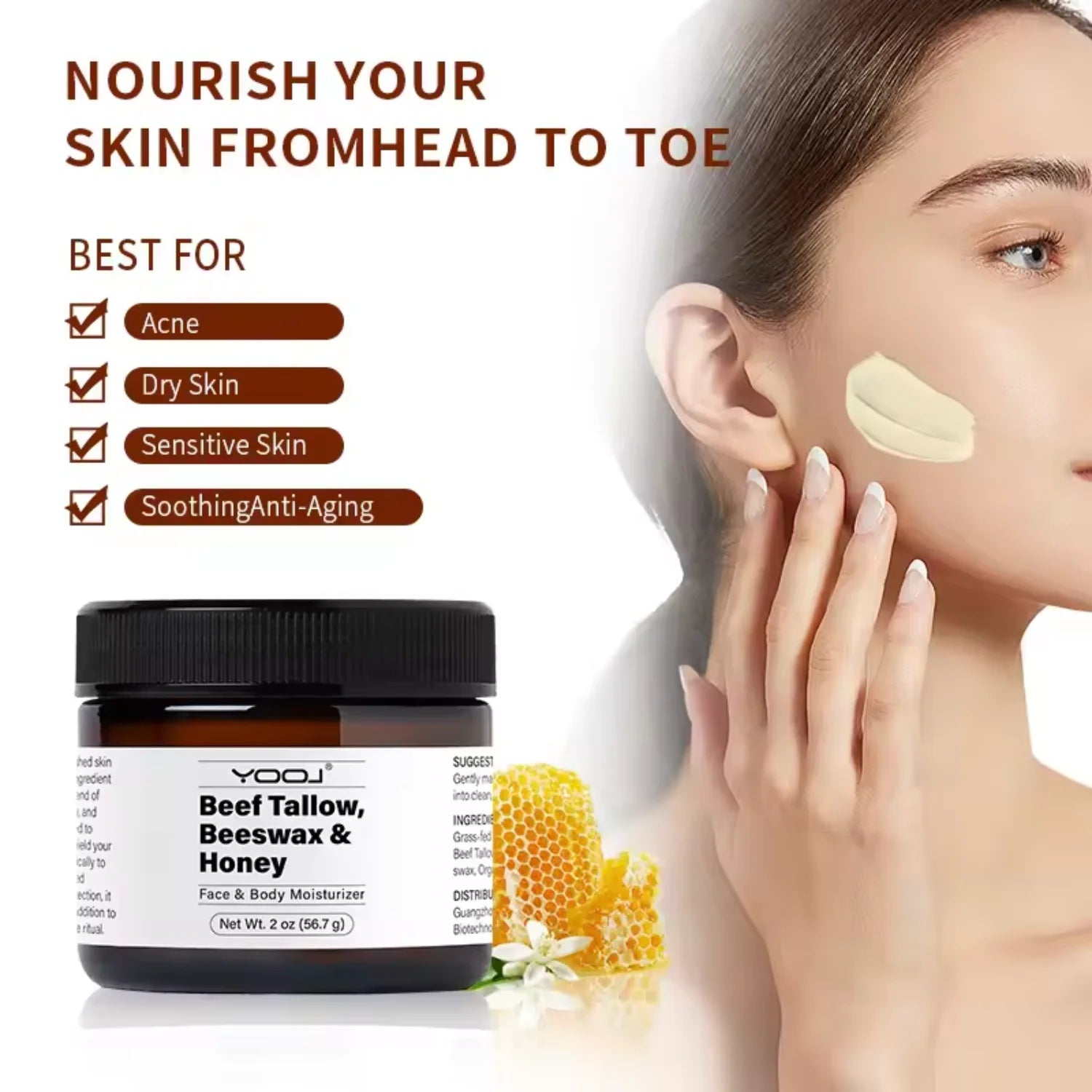 Beef Tallow, Beeswax & Honey Face & Body Moisturizer - Pure Natural Hydrating Balm for Dry, Sensitive Skin, Acne-Prone Skin