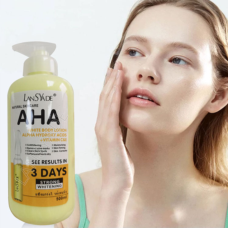 AHA Yellow Body Lotion - Alpha Hydroxy Acids + Vitamin C & E, 500ml - Skin Whitening, Moisturizing, Acne Mark Removal, and Skin Firming