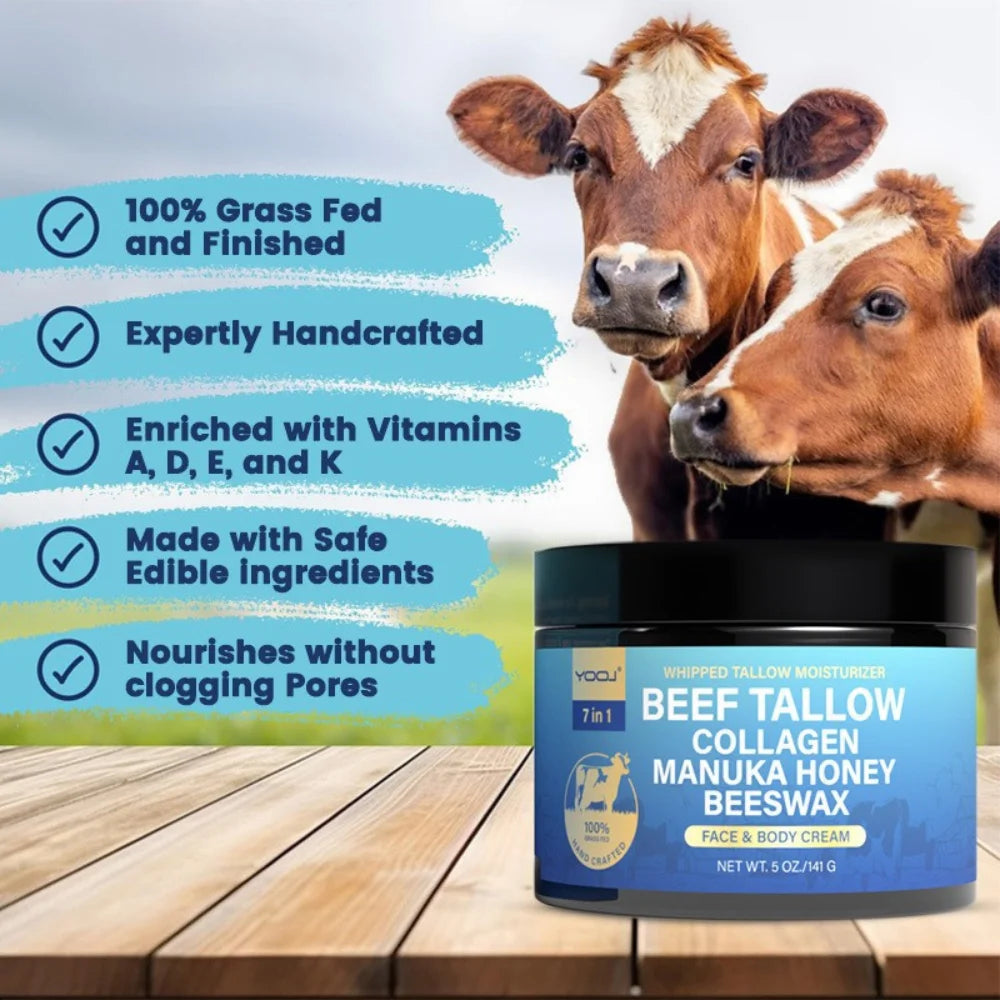 7-in-1 Whipped Beef Tallow Collagen Manuka Honey Beeswax Moisturizer – Natural Face & Body Cream for Dry Skin