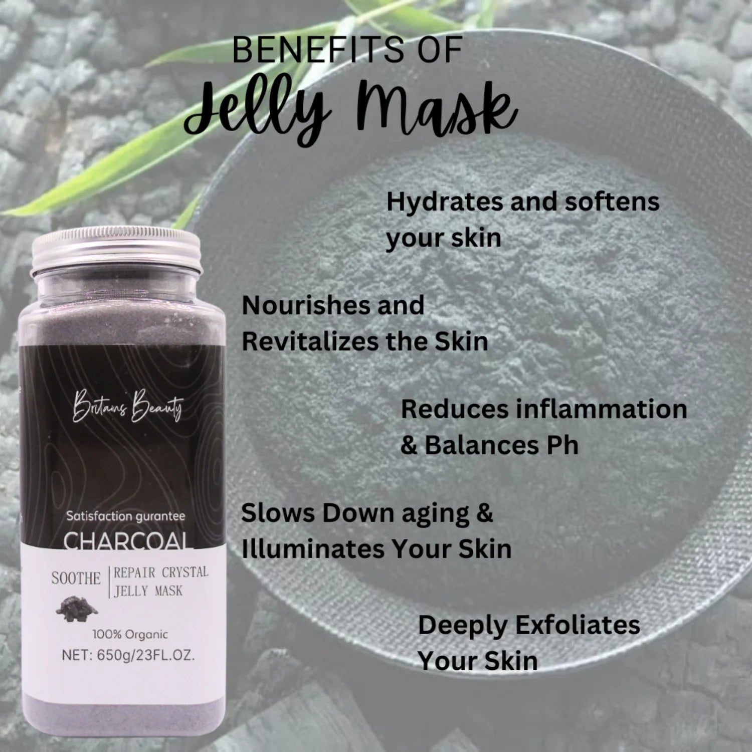 Britain's Beauty Charcoal Soothe & Repair Crystal Jelly Mask - Deep Hydration with 100% Organic Ingredients, 650g/23fl.oz.