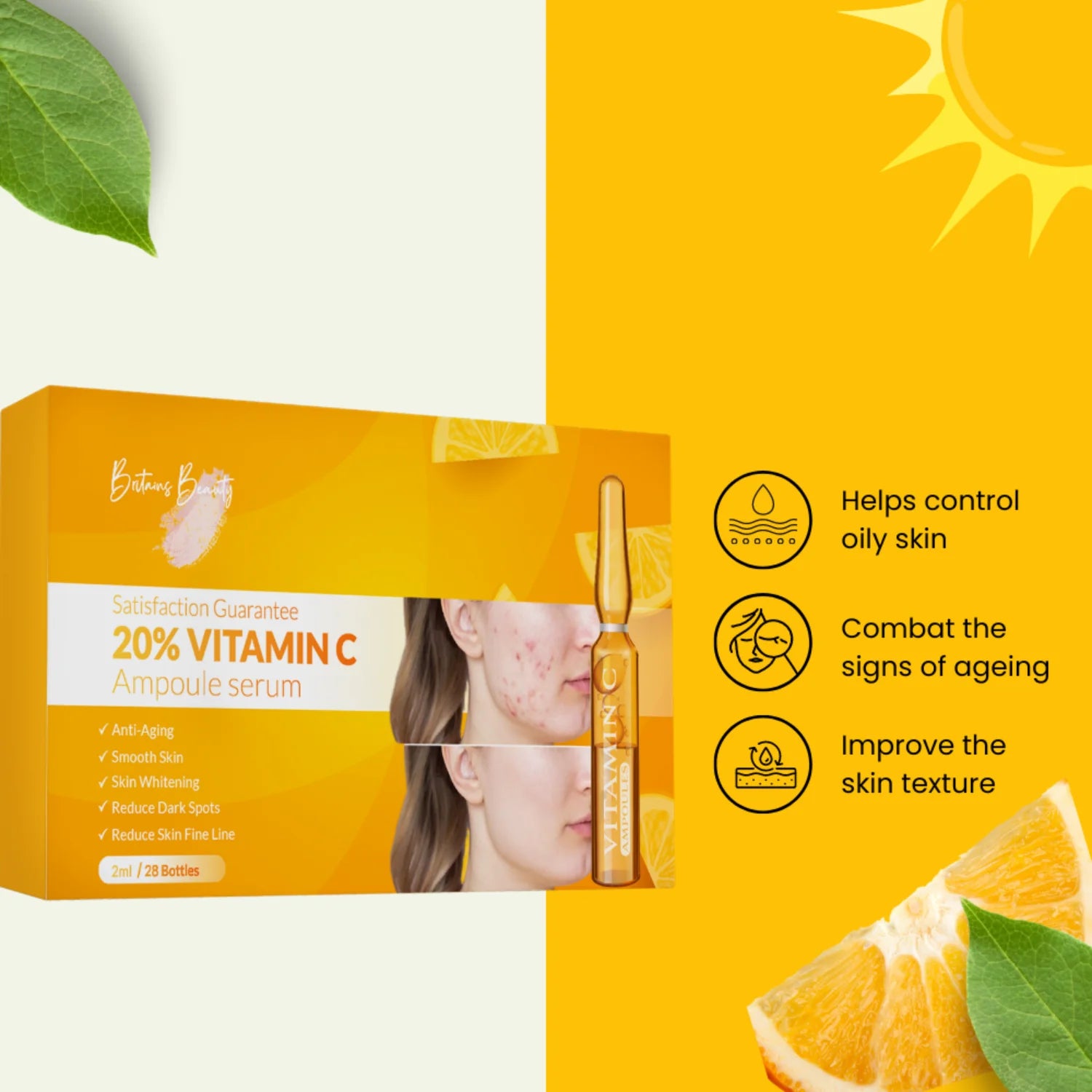 Britains Beauty Vitamin C Ampoule Serum - 20% Potent Vitamin C for Anti-Aging, Skin Whitening, Dark Spot Reduction, Smooth Skin, Fine Line Reduction