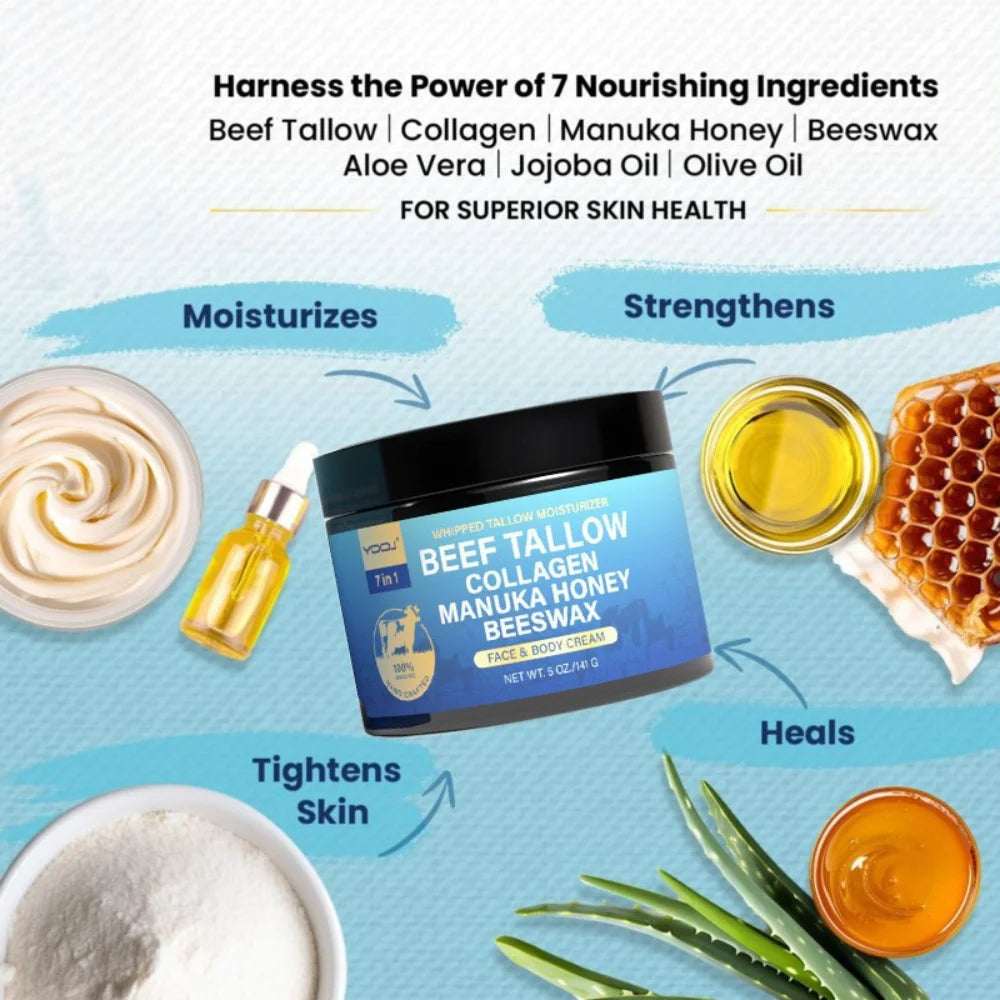 7-in-1 Whipped Beef Tallow Collagen Manuka Honey Beeswax Moisturizer – Natural Face & Body Cream for Dry Skin