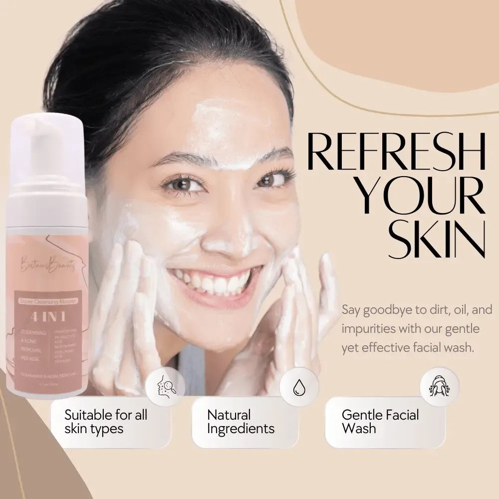 Britain's Beauty 4-in-1 Super Cleansing Mousse for Acne & Oil Control, Hydrating Formula with Natural Ingredients, 120ml